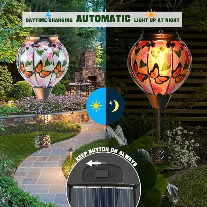 Hot Air Balloon Solar Lantern - Butterfly Stained Glass Lantern, Simulated Flickering & Dancing Flame, Outdoor Hanging Yard Light Waterproof IP65 for Patio Lawn Porch Decor Gift