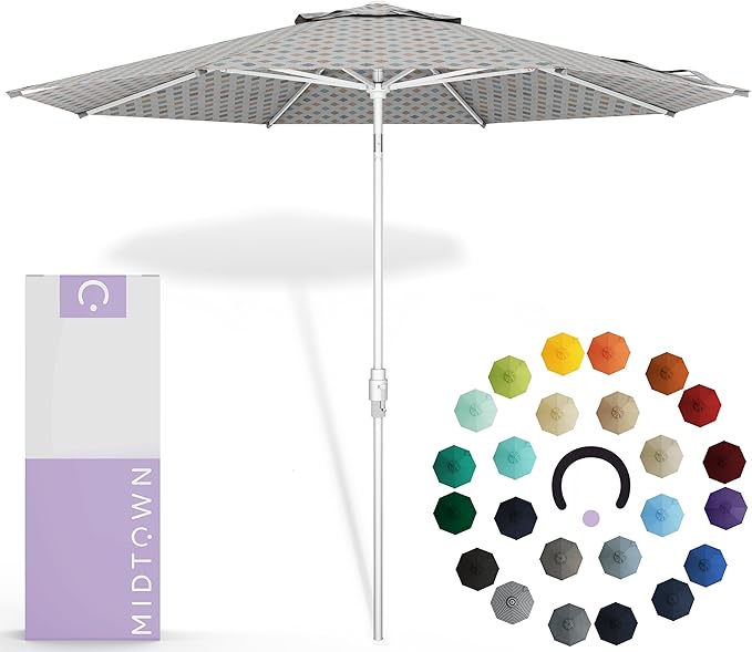Midtown Umbrellas The Swilt 10 Feet Patio Umbrella in Sunbrella Infused Gem Acrylic Fabric - Fiberglass Ribs, Auto-Tilt Aluminum Frame For Backyard, Deck, Garden, Pool - White Pole