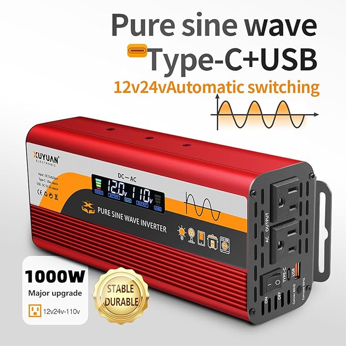 1000W Pure Sine Wave Inverter (2000W Peak), 12V/24V Auto-Detect, 50Hz/60Hz Switchable, LCD Display, Type-C Fast Charging, Silent Design, Overload & Overheat Protection for RV, Home (RED-1000W)
