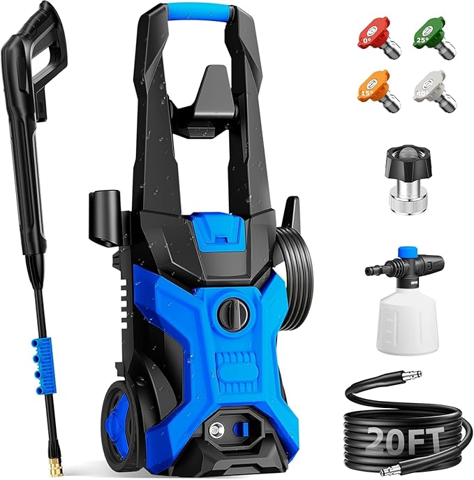 Power washers for Home, 4 Quick-Connect Nozzles & Adjustable Soap Tank Washers for Cars, Driveways, Patios, Fences, Home Cleaning (Blue)