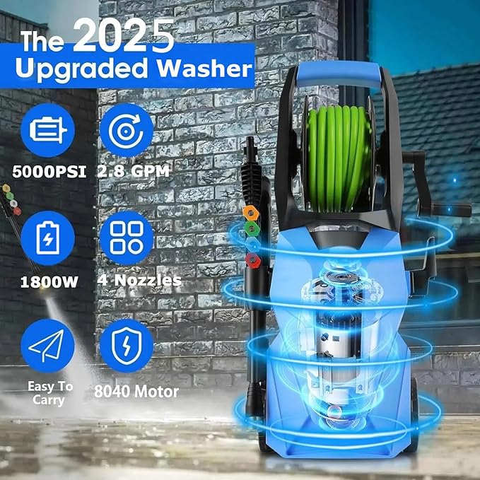 Pressure Cleaner 5000 PSI,2.8 GPM Power Cleaner with Foam Cannon,Portable Cleaner with 33ft Hose Reel,4 Nozzle Tips,and Soap Bottle for Cars/Home/Driveways/Patios/Decks/Fences(Blue)