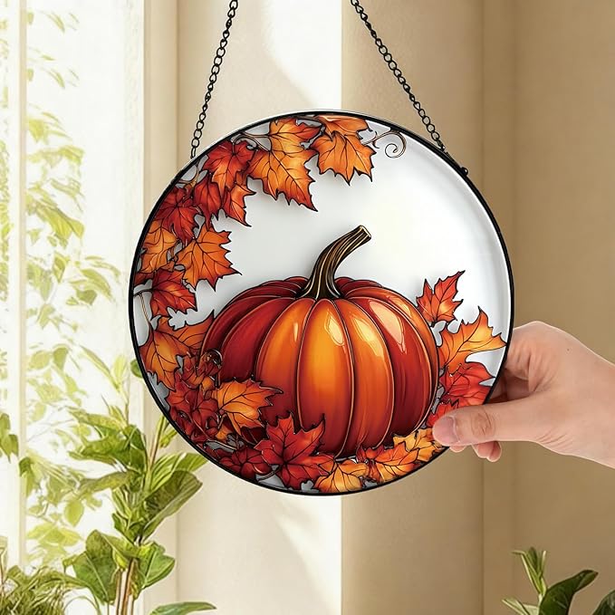 Pumpkin Maple Leaf Suncatcher -7.9 in Stained Glass Window Hanging Sun Catcher Garden Decor