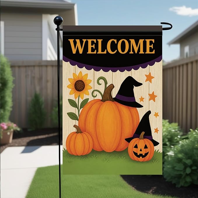 Halloween Fall Garden Flag Pumpkin Witch Hat Flag 12x18 Inch Double-Sided Welcome Yard Banner Autumn Outdoor Decor for Porch Lawn Pathway Jack O Lantern Sunflower Holiday Sign