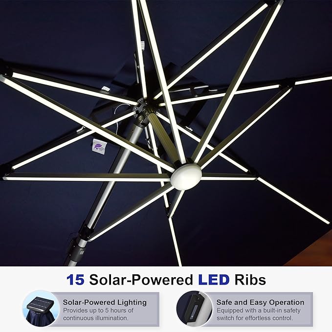 PURPLE LEAF 10 Feet Double Top Deluxe Solar Powered LED Square Patio Umbrella Offset Hanging Umbrella Outdoor Market Umbrella Garden Umbrella, Navy Blue