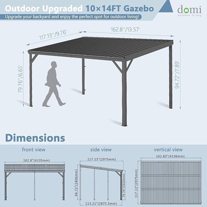 Domi 10’x14’ Wall-Mounted Hardtop Gazebo Pergola – Permanent Lean-to Outdoor Shelter with Sloped Galvanized Steel Roof & Upgraded Drainage – Grey Metal Patio Cover for Backyard, Deck, Garden