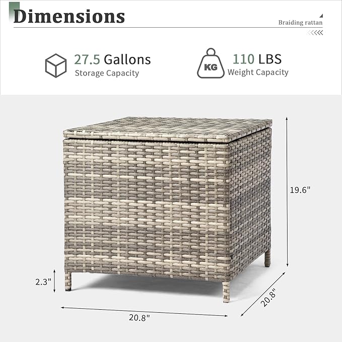 Outvita Outdoor Side Table, Rattan Coffee Table with Storage 27 Gallon Patio Small Deck Storage Box for Cushion Towel Books, Brown Side Table with lid
