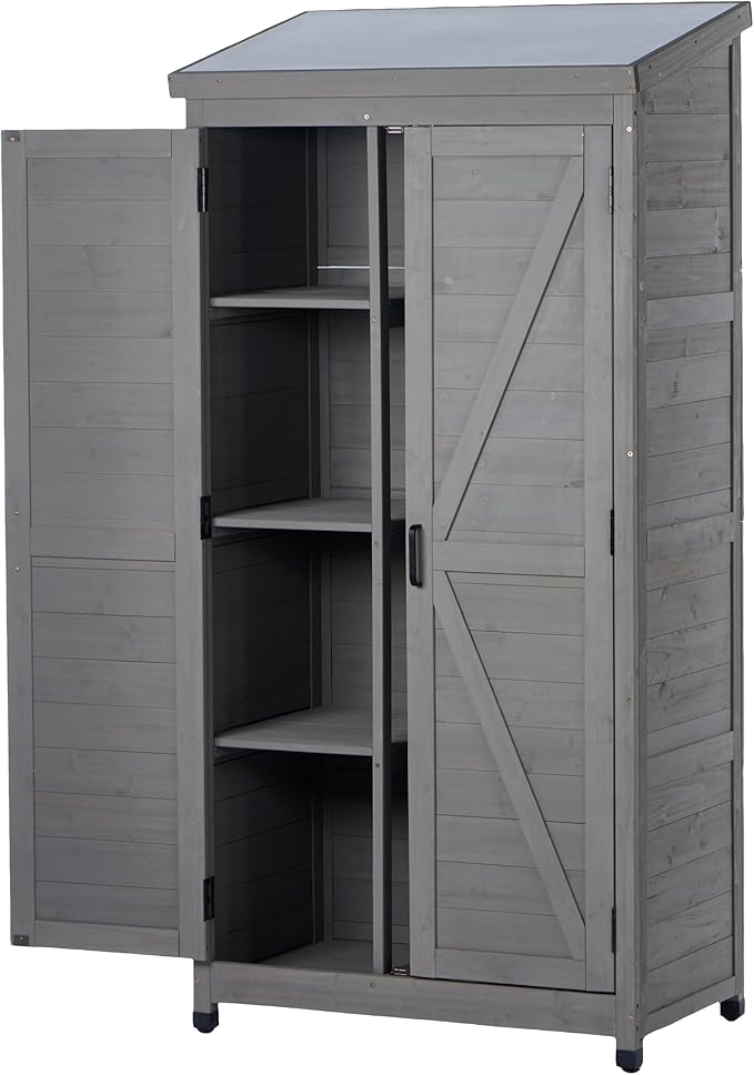 Stylish Grey & Solid Wood Outdoor Storage Shed – Durable Metal Top Vertical Tool Cabinet Ideal for Backyard, Garden, and Patio Organization