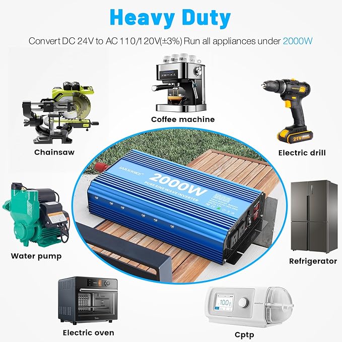 2000 Watt Pure Sine Wave Power Inverter, 24V dc to 110 Vdc to 120 Vdc, for Home, RV and Off-Grid Solar Systems, with 2 AC Outlets and USB Port, LCD Display, with Remote Control