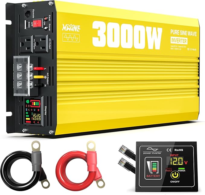 XWJNE 3000W Pure Sine Wave Power Inverter 12V DC to 120V AC Converter with LED Display and Remote Controller for Home, RV, Truck, Off-Grid Solar Power