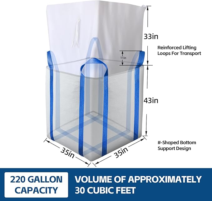 FIBC Bulk Bags,Holds up to 4400 lbs Construction Bags Heavy Duty,210-Gallon Woven Polypropylene Dumpster Bag for Industry Agriculture and Construction,Sealable Top