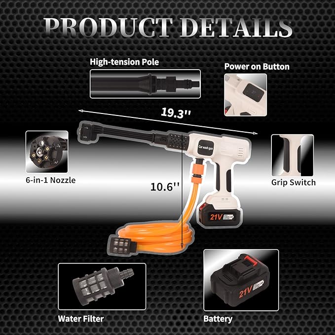 Cordless Pressure Washer,652.67 PSI Power Cleaner with 6-in-1 Nozzle,4-Speed Adjustment,21V Rechargeable 4.0Ah Battery High-Pressure Car Washer Gun for Floor/Home/Car Cleaning & Watering
