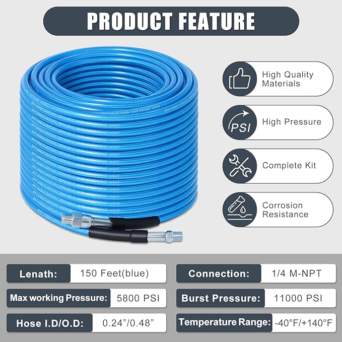 150 FT Sewer Jetter Kit for Pressure Washer, 5800PSI Water Jet Drain Cleaner Hose, 1/4 Inch NPT Corner with 4 Sewer Jetting Nozzles, Pearl Corsage Pin, Waterproof Tape, Handle Strap&2 Spanner (Blue)