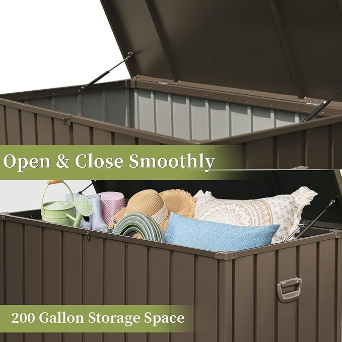 Metal Storage Box for Outdoor Dark Brown Lockable Water-Resistant Deck Box for Patio Garden Tools Organization Rust-Resistant Heavy-Duty Outside Storage Box (200 Gallon)