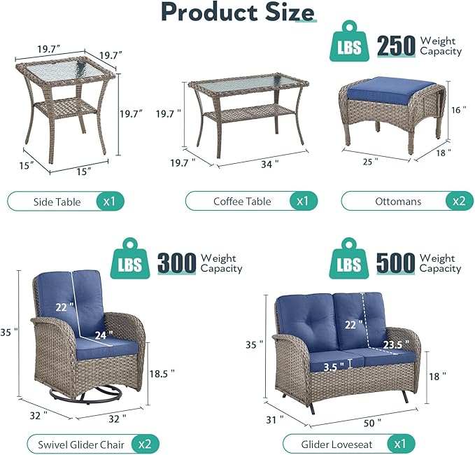 7 Piece Patio Furniture Set - Wicker Patio Conversation Set with Swivel Glider, Glider Loveseat, Tempered Glass Side Table and 2 Ottomans for Deck Backyard - Grey Wicker Blue Cushion