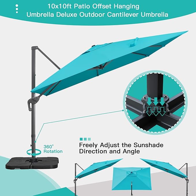 Sunnyglade 10x10Ft Cantilever Patio Umbrella Square Deluxe Offset Umbrella 360°Rotation & Integrated Tilting System Heavy Duty Patio Hanging Umbrella for Market Garden Deck Pool Backyard Patio (Blue)