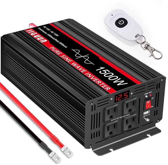 JIGUUN 3000W PeakPure Sine Wave Power Inverter 1500 Watt,12v DC to 110/120v AC Inverter 3 AC & USB Output,Power Converter LED Display for Home RV Camping Outdoor Car Truck