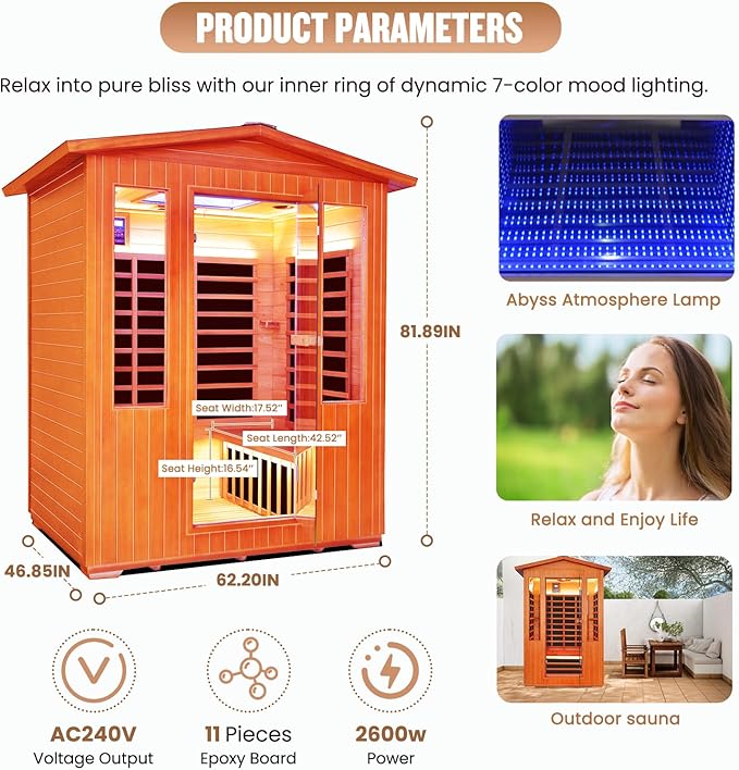 Outdoor Sauna 4 Person Dry Infrared Sauna with Red Light Wood Personal Spa Room Low-EMF 2600W 240V Abysmal Lamp Bluetooth Speakers 62.2"x46.9"x81.9"