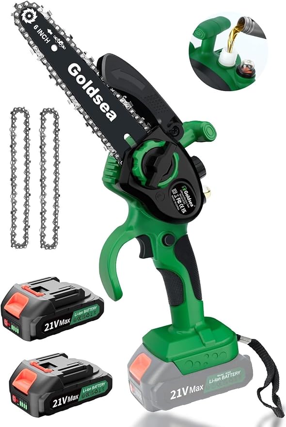 Mini Electric Chainsaw 6 inch, Goldsea Cordless Chainsaw with 2 Rechargeable Battery 21v and chains, Small Powered Handheld Chain Saws for Gardening Wood/Tree Cutting Branches