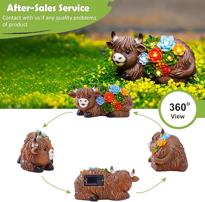 Nacome Solar Garden Statues Highland Cow with Succulent and 6 LED Lights - Lawn Decor for Patio Balcony Yard Ornaments - Birthday Gifts Mom Grandma Women(Brown)