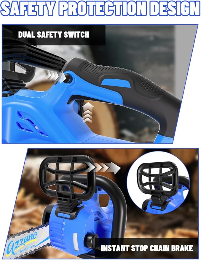 AZZUNO 12 Inch Electric Chainsaw Cordless With Tool-Free Chain Tensioning and Auto Lubrication, Brushless Battery Powered Chain Saw Kit For Tree&Wood Cutting,Battery and Charger Included.