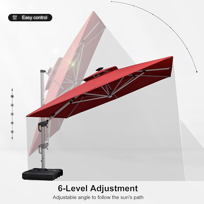 PURPLE LEAF 11 Feet Double Top Deluxe Solar Powered LED Square Patio Umbrella Offset Hanging Umbrella Outdoor Market Umbrella Garden Umbrella, Terra