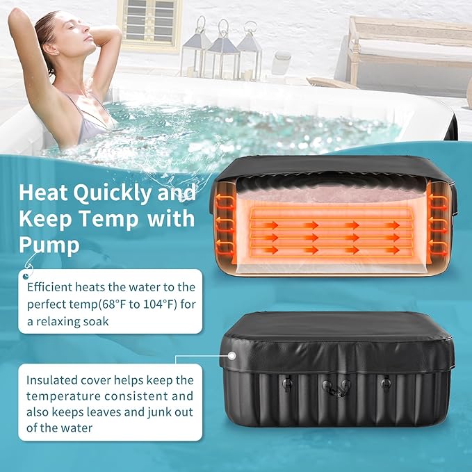 Blow Up Inflatable Hot Tub, 4-6 Person Large Square Portable Hot Tub, Leak-Proof PVC Outdoor Spa with 130 Air Jets, Heater Pump and Insulated Cover, 73” X 73”X 25”