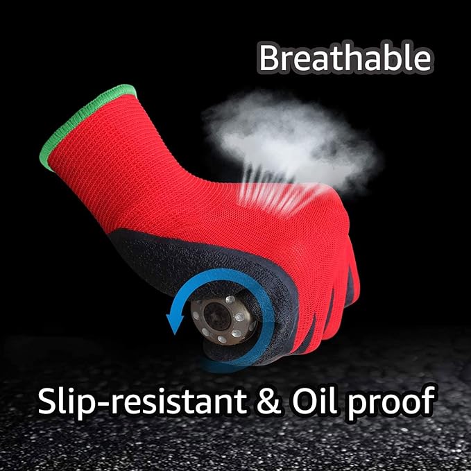 Evridwear Crinkle Latex Rubber Hand Coated Safety Work Gloves for Men Women General Multi Use Construction Warehouse Gardening Assembly Landscaping (XL-Size) 12 Pairs Pack