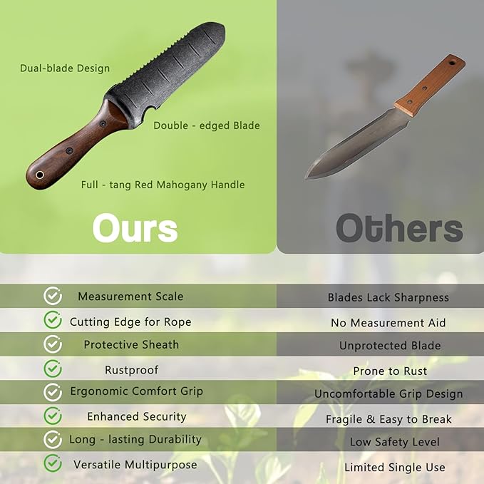 Gracfulcub Hori Hori Garden Knife with Sheath – 7" Full-Tang Stainless Steel Blade, Walnut Wood Handle, Dual Edge Weeding & Digging Tool for Gardening, Transplanting & Camping