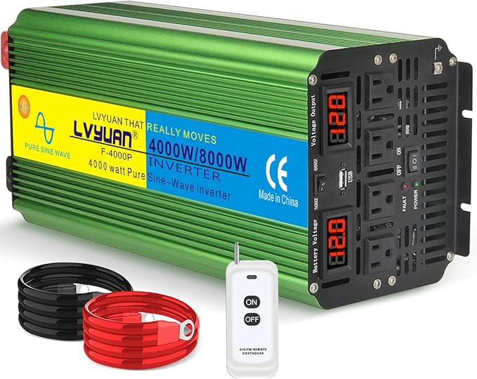 LVYUAN 4000 Watt Heavy Duty 8000(Peak) Pure Sine Wave Power Inverter 12V DC to 110V/120V AC Converter with 4 sockets,LED Display,Remote Control and USB Port for Family,RV, Truck,Road Trip,Emergency