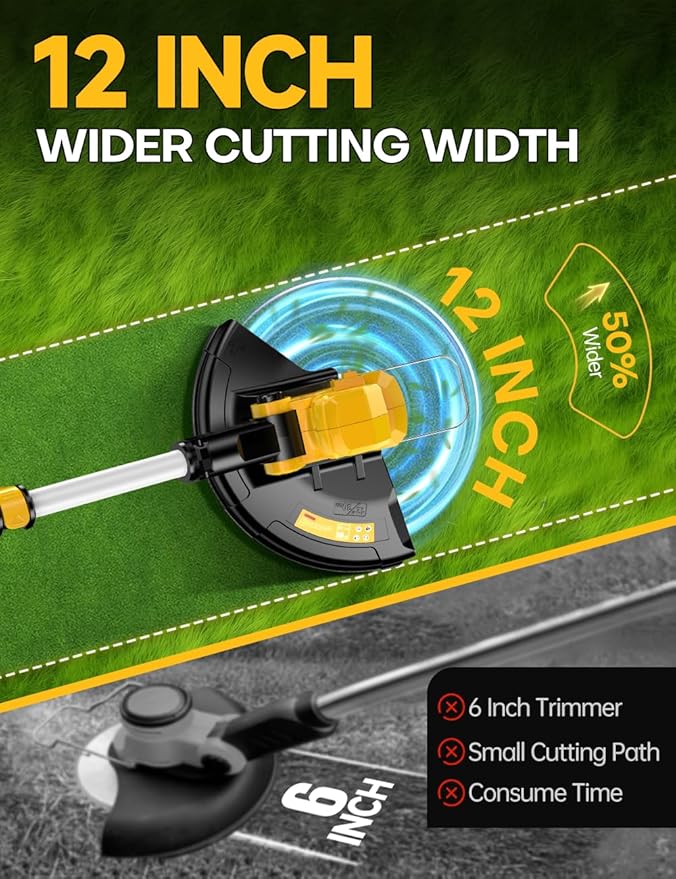 Cordless Weed Wacker, for Dewalt 20V Battery, 3 in 1 Battery Powered Weed Eater & Edger & Mower with Auto Line Feed, 20000 RPM 12 Inch Brushless Grass Trimmer, 6 Line Spools String Trimmer for Lawn