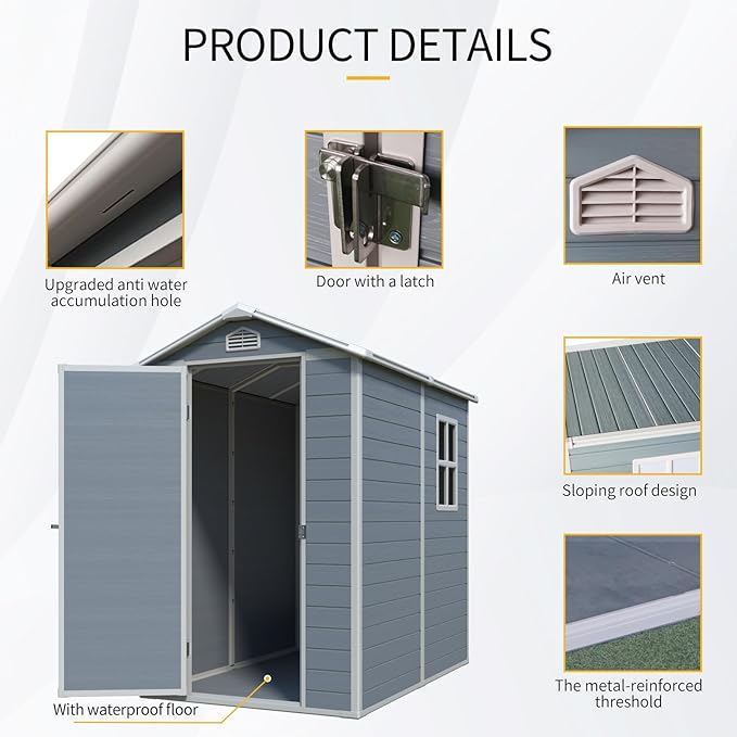 4x6ft Outdoor Storage Shed, Resin Patio Furniture Storage with Lockable Door, All-Weather，Garden Shed Kit with Reinforced Floor & Natural Light Window，UV Protection， (Gray, 4x6ft)