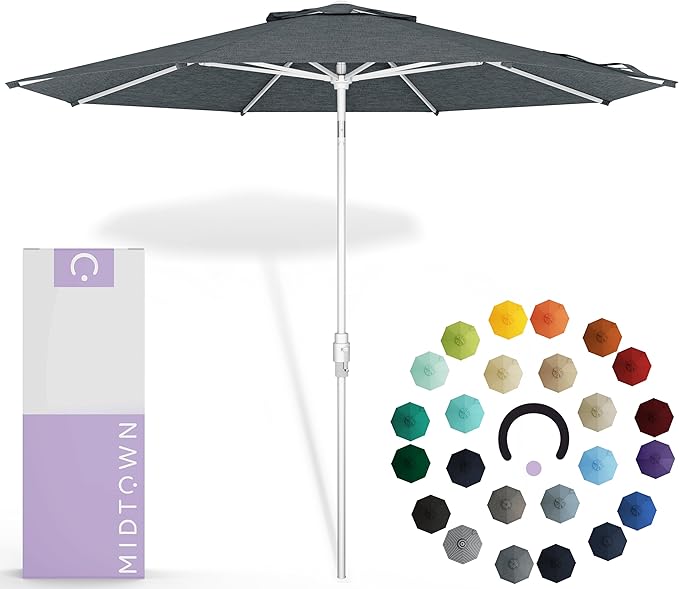 Midtown Umbrellas The Swilt 9 Feet Patio Umbrella in Sunbrella Cast Slate Acrylic Fabric - Fiberglass Ribs, Auto-Tilt Aluminum Frame For Backyard, Deck, Garden, Pool - White Pole