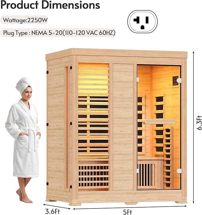 Infrared Sauna at Home 2-3 Person with 7 Color Therapy, Low EMF 2250W Fast Heating Canadian Hemlock Wood Sauna, Indoor Dry Sauna with Bluetooth Speakers for Home, Gym (5Lx3.6Wx6.3H Ft)