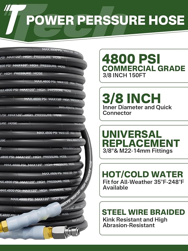 3/8" 4800PSI Pressure Washer Hose 150FT with Swivel Quick Connect for Cold/Hot Water Max 248°F, Kink Resistant Steel Wire Braided, Wear Resistant Power Washer Hose with M22 14mm Adapter