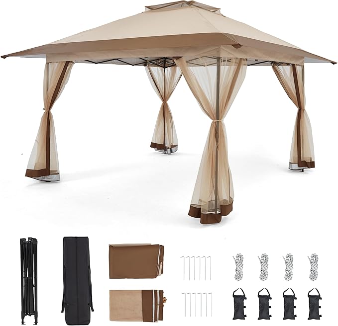 Bezseller 13x13 Pop Up Gazebo Tent with Mosquito Netting – Quick Set Up, Water-Resistant Outdoor Canopy for Patio, Garden, Backyard, and More,Khaki