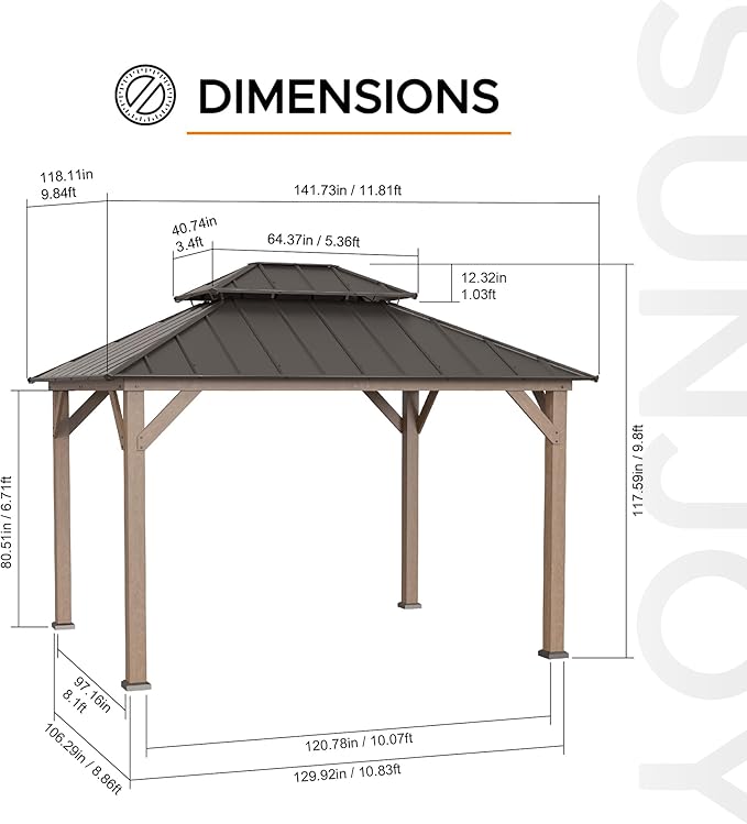 SUNJOY 10 x 12 ft. Wood Gazebo, Outdoor Patio Cedar Framed Steel Hardtop Gazebo with 2-Tier Metal Roof, Suitable for Patios, Lawn and Backyard, Dark Brown Roof + Dark Wood Frame