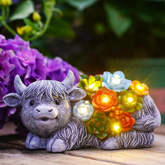 Nacome Solar Garden Statues Highland Cow with Succulent and 6 LED Lights - Lawn Decor for Patio Balcony Yard Ornaments - Birthday Gifts Mom Grandma Women(Grey)