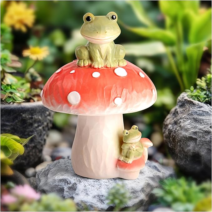 Frog Garden Decor Outdoor Statues, Mushroom Home Decor with Frog Figurines Outdoor Fairy Gardens Accessories Lawn Ornaments, Cute Garden Statues for Outside Yard Lawn Planters Art Decorations Gifts