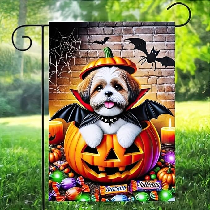Happy Halloween Garden Flag 12x18 Double Sided Dog Pumpkin Garden Flag for Outside Witch Hat Small Flag for Outdoor Holiday Home Decor Banner