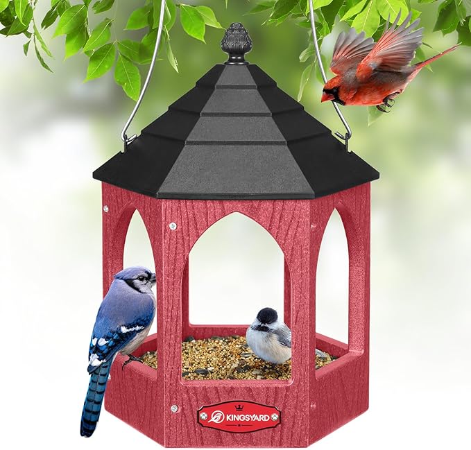 Kingsyard Platform Bird Feeder for Outdoor Hanging - Gazebo Style Recycled Plastic Wild Bird Feeding Station with Rain-Proof Roof & Metal Mesh Tray. Red