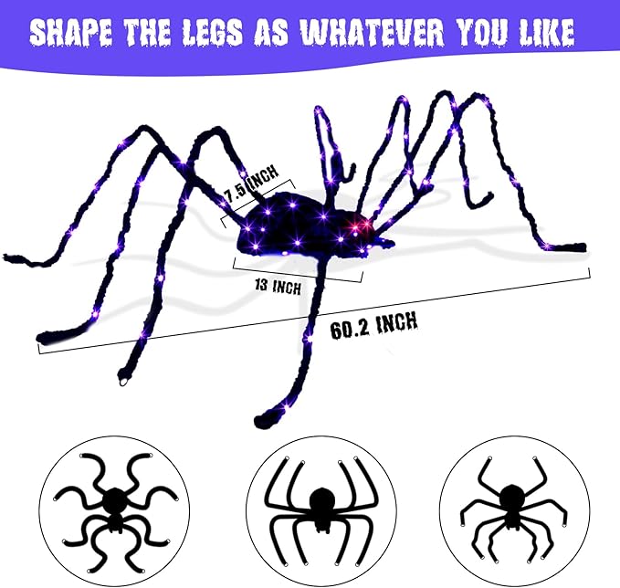 EAMBRITE Halloween Decorations Outdoor 5FT Bendable Scary Giant Spider with 83LT Purple Lights Black Fake Spider for Halloween Indoor Outdoor Yard Home Parties Creepy Décor