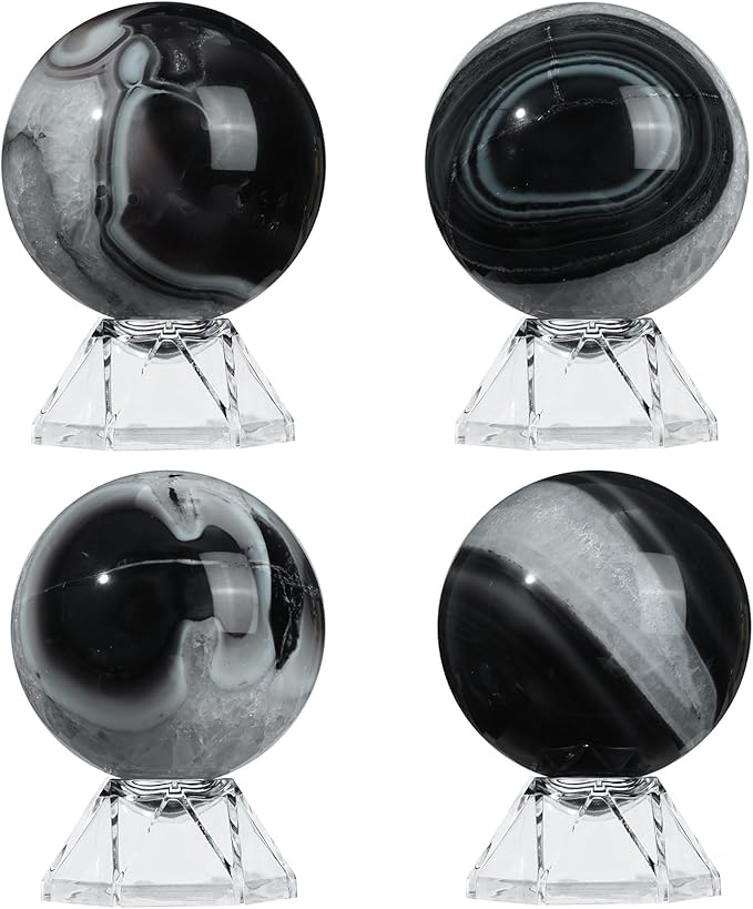 Natural Black Striped Agate Crystal Ball with Acrylic Display Base, 61-70mm Polished Stone Feng Shui Crystal Sphere Meditation Decoration for Home & Office