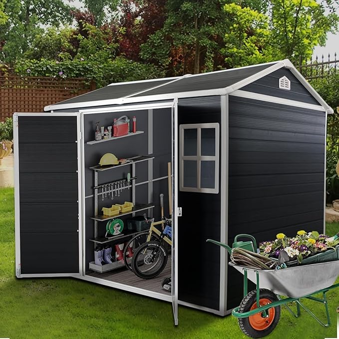 LANTRO JS Storage Shed with Floor Included, 8x4FT Plastic Storage Shed with Floor 2 Windows and Lockable Door Sheds for Garden Tools, Bike