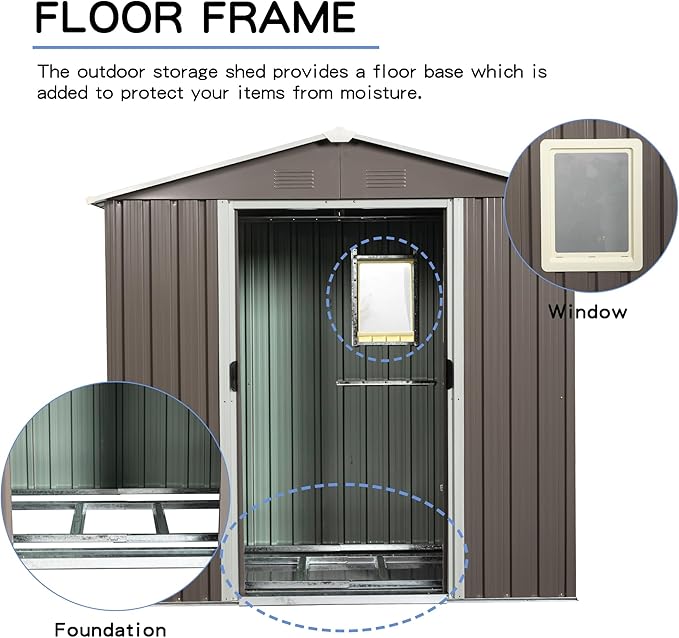 8x4 ft Outdoor Metal Storage Shed with Floor Foundation and Window, Lockable Galvanized Steel Tool Shed with Sliding Door and Air Vent, Waterproof Garden Storage House for Backyard, Patio