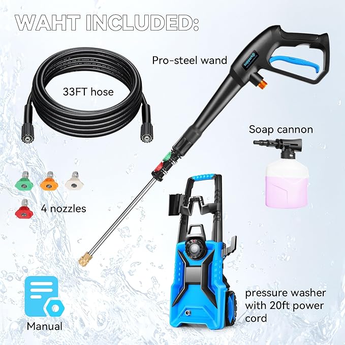 5000 PSI Adjustable Pressure Cleaner, 2025 New Power Cleaner Pressure Adjustable (2500PSI-5000PSI) with 33ft Pressure Hose, 4 Nozzle and Detergent Tank for Cars, Upgraded Blue