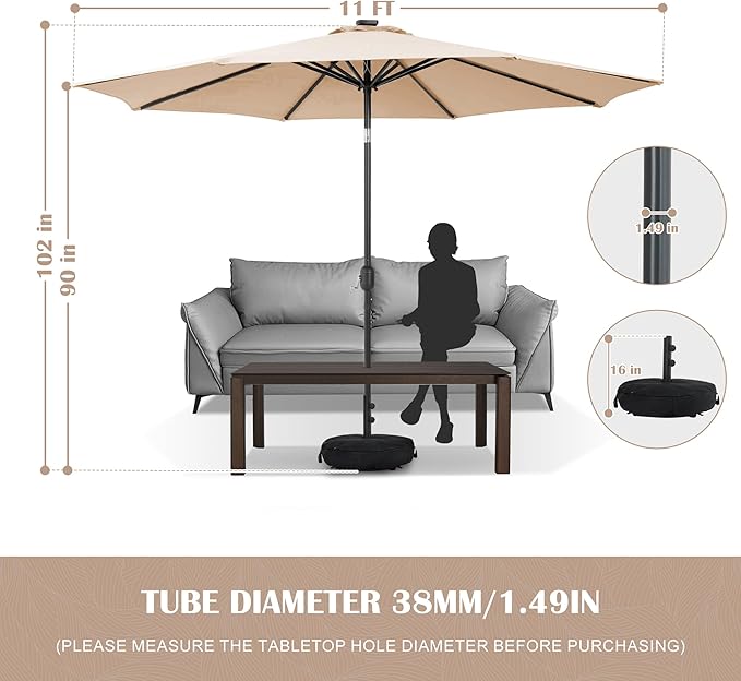 Sundale Outdoor 11 ft Patio Umbrella with Sand Bag Umbrella Base Included, Outdoor Umbrella with Tilt and Crank, Tan