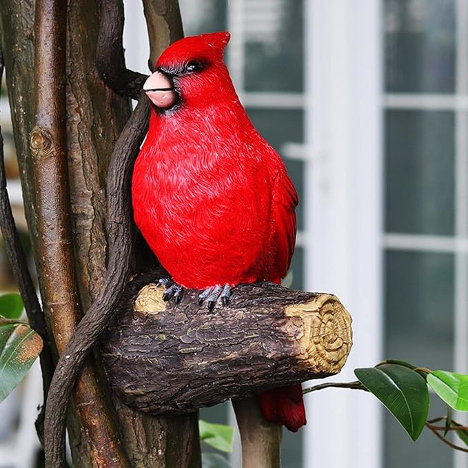 Tree Hugger Cardinal, Large Red Bird Garden Statue, Resin Figurine Hanging Tree Face Sculpture Yard Ornament