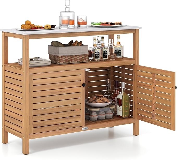 Goplus Patio Storage Cabinet, Outdoor Acacia Wood Buffet Cabinet with Marble-Like Countertop, Open Shelf & 2 Doors, Sideboard Organizer for Outdoor Kitchen, Garden, Backyard