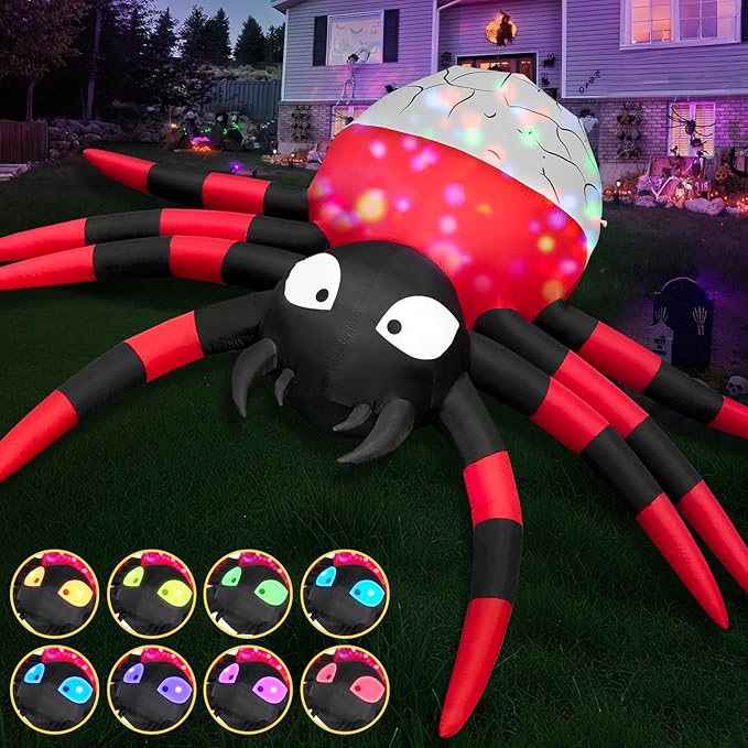 ININ 12FT Giant Halloween Inflatable Spider Decorations Outdoor,Halloween Blow Up Yard Decorations Built-in 8 Rotating LED Lights,Halloween Party Decor,for Garden/Lawn.
