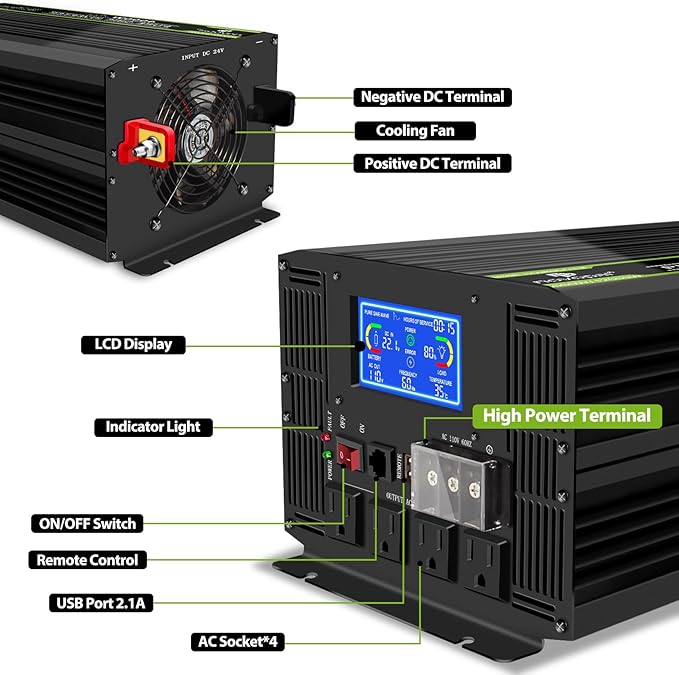 NOVOPAL 4000 Watt Pure Sine Wave Power Inverter DC 24V to AC 110V 120V Rv Inverters with 4 AC Outlets,High Power Terminal-16 ft Remote Control, LCD Display for Truck, Hurricane, Home